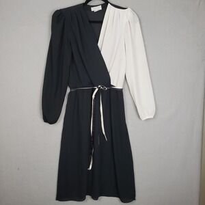 Vintage Lucero Two Tone Sheer Faux Wrap Dress Black White 80's Party Size 14/16